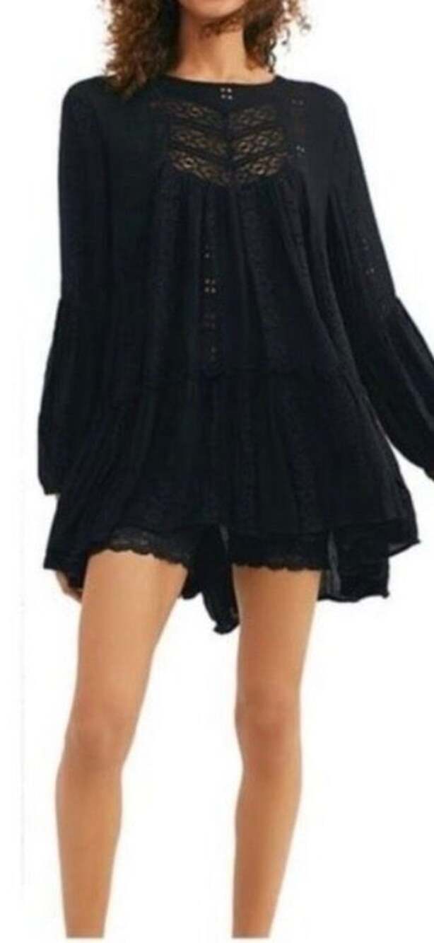 Free People Kiss Kiss Lace Inset Tunic Dress Small in Black Boho Festival